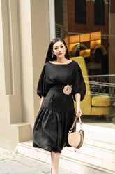 Silk Midi Dress with Puff Sleeves, Fitted Waist, and Handcrafted Floral Waist Detail